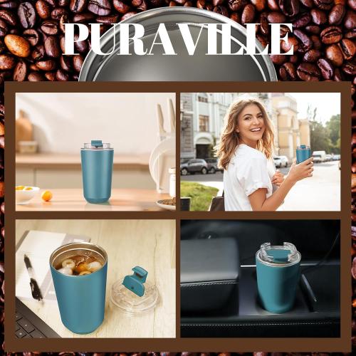 Puraville Insulated Tumblers with Lid, 14 oz Travel Coffee Mug Stainless Steel Vacuum Cup, Leak Proof Reusable Double Walled Coffee Tumbler for Iced and Hot Drinks, Peacock Blue