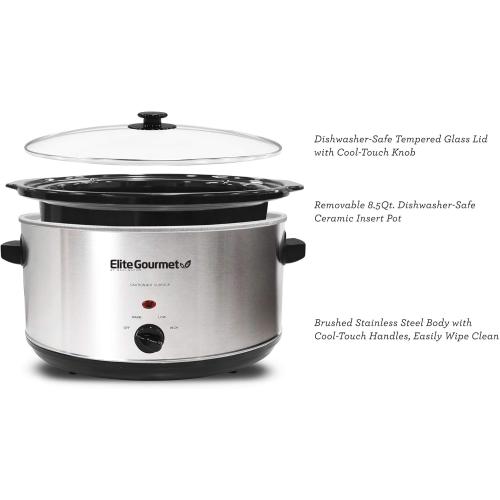 Elite Gourmet Stainless Steel Slow Cooker, Dishwasher-Safe with Tempered Glass Lid, Cool-Touch Handles, Removable Stoneware Pot, 8.5 Quart,MST-900V