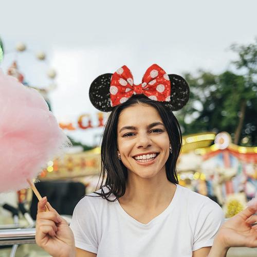 Mouse Ears Headband with Sequin Bows, Headbands for Kids Halloween Costume, Headwear Hair Accessories for Women Girls - Red and Black Headband-B