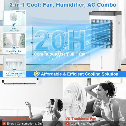 Evaporative Air Cooler, Swamp Cooler with 3 Gal Water Tank, 20H Cooling Time Swamp Cooler Air Conditioner, 80°oscillation,Portable Cooling Fan for Office/Room/Garage/Kitchen