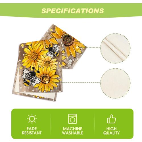 Artoid Mode Wood Sunflower Bee Flower Polka Dot Summer Table Runner, Seasonal Kitchen Dining Table Decoration for Indoor Party Home 13x72 Inch
