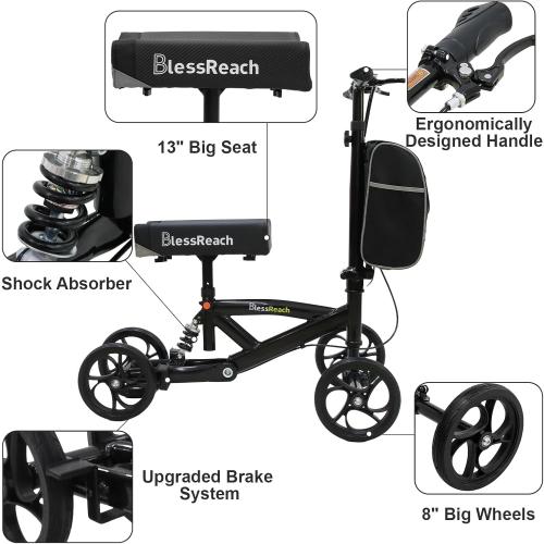 Steerable Knee Walker Deluxe Medical Scooter for Foot Injuries Compact Crutches, with Dual Rear on-Wheel Brake and Shock Absorption Under The Knee pad, Black