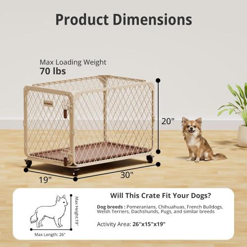 Diamond Mesh Dog Crate for Small Dogs, 30 Inch Metal Dog Kennel with Lockable Wheels, up to 70lbs, Double Secure Latch Dog Cage with Removable Tray, Durable & Easy to Assemble, Beige
