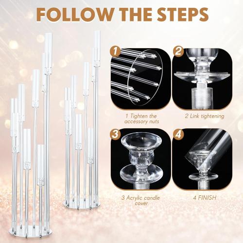 Vesici 4 Pcs 8 Arm Acrylic Candelabra Centerpieces for Tables 49.6 x 11 Inch Candlesticks Holder Clear Acrylic Candle Holder for Wedding Ceremony Floor Home Dinner Party, Fit 0.8 LED Candle