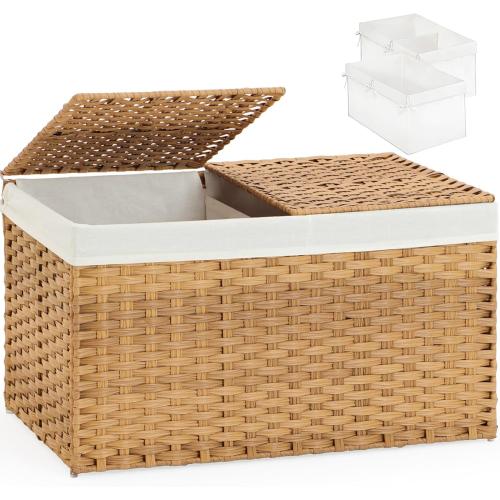 Storage Basket with Lid Rattan Woven Storage Baskets with 1 Separate Lids, 17.2 Gallon (65 L), 22 x 13 x 13.8 Inches,Foldable, 1 Removable Liner Bags Handles for Bedroom, Laundry Room Natural