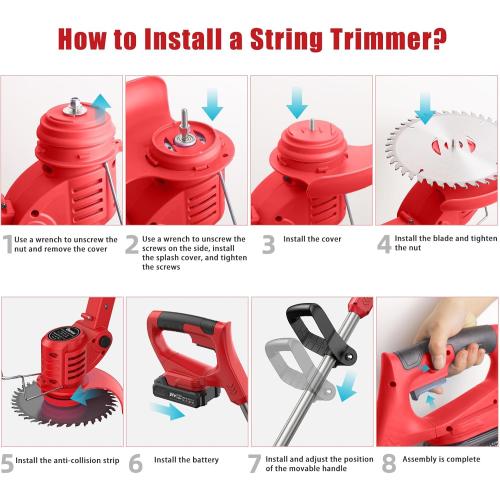 Weed Wacker 21V, Bamse Cordless String Trimmer with 2 Batteries 2.0Ah, 2 Types Metal Blades Powered Weed Eater, Pruning Shears, Adjustable Pole GrassTrimmer for Garden and Yard Lawn, Red