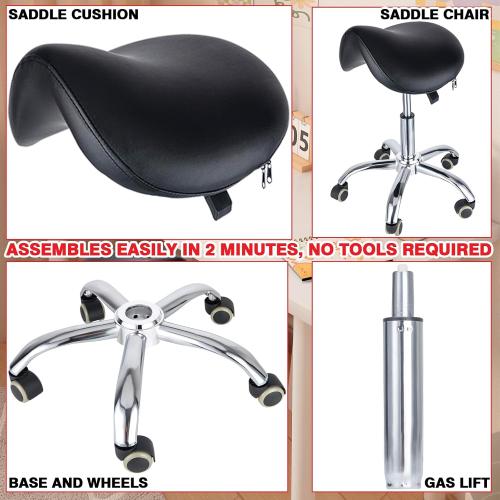 Saddle Stool - Saddle Chair, Adjustable Rolling Saddle Stool with 360° Swivel Wheels, Ergonomic Stool for Hair Stylist Dentist Salon Spa Massage Tattoo Home Office, 300 lbs Weight Capacity (Black)