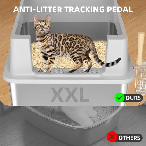 Stainless Steel Litter Box - 28 Extra Large XXXL Cat Litter Box with High Sides, Non-Sticky & Anti-Leakage for Big Cats/Multiple Cats, Includes Heavy Duty Metal Scoop, Grey