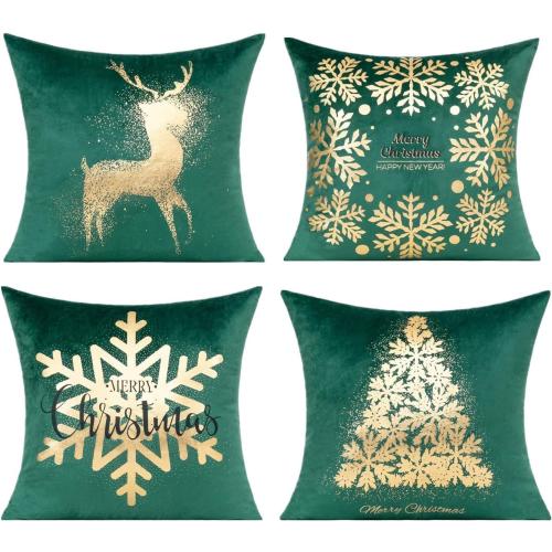 All Smiles Christmas Decorations Throw Pillow Covers Cases 16X16 Set of 4 Winter Xmas Indoor Home Décor Ornaments Velvet Navidad Cushion for Sofa Christmas Tree Snowflake Reindeer， Dark Green Gold
