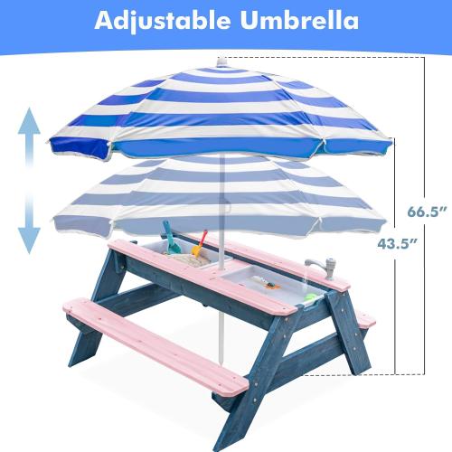 Kids 3-in-1 Sand & Water Table, Wood Outdoor Convertible Picnic Table with Umbrella, 2 Trays, Removable Top with Faucet, Picnic for Outdoor (Pink/Navy)