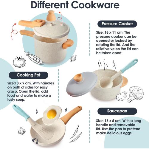 BUYGER Kids Play Kitchen Toys Accessories, Pretend Play Cooking Cookware Set Kitchen Pots and Pans Utensils Playset Christmas Gifts for Kids Girls Boys Toddler Ages 3-5  Years Old