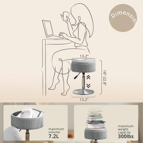 360°Swivel Vanity Stool Chair for Makeup Room, Height Adjustable Stool for Vanity with Storage, Small Grey Velvet for Bathroom, Living Room