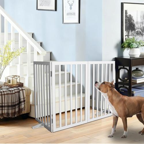 Dog Gate Indoor, Freestanding Dog Fence for The House, Doorways, Hallways,or Stairs,Pet Gate Foldable Wooden,Expandable 32 Height 3 Panels,White