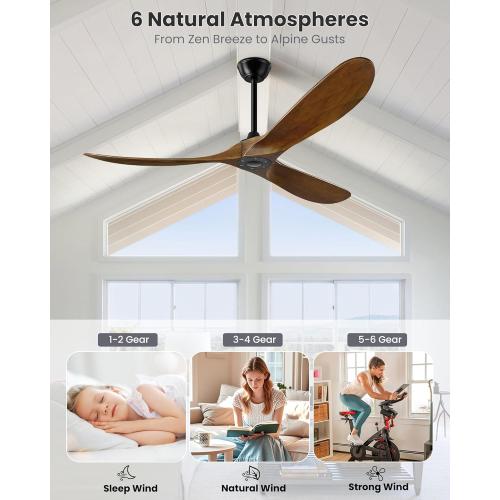 52 Inch Ceiling Fan no Light, Outdoor Ceiling Fans Without Lights for Patios, 3 Blade Solid Wooden Propeller Modern Ceiling Fan with Remote Control for Farmhouse Living Room Bedroom Dark Walnut