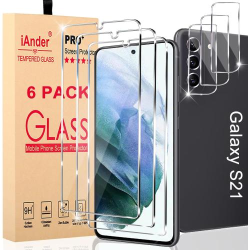 iAnder 3 Pack Glass Screen Protector for Galaxy S21, 3 Pack Camera Lens Protector with Easy Installation Tray, Supports Fingerprint Sensor, HD Retina Clarity, Case Friendly