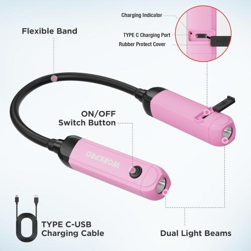 WORKPRO Rechargeable Neck Light for Hands-Free Lighting, 3 Brightness Levels 300 Lumens Neck Light, Bendable Silicone Arm, Great for Mechanics, Reading, Camping, DIY Projects, Crafting, Pink Ribbon