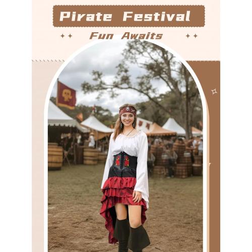 Size/L Verceco Pirate Costume Women Outfit with Renaissance Pirate Shirt Skirt Corset Waist Belt Womens Halloween Pirate Costumes (White Red, L)