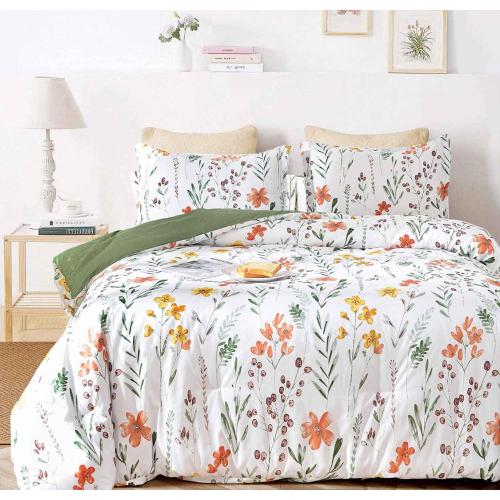 Queen Size Comforter , White Yellow Floral, Green Leaf Pattern Print Reversible Down Alternative Bed Sets - 90 x 90 3PC Soft Microfiber Flower Duvet Vintage Farmhouse Bedding in a Bag for Women Men