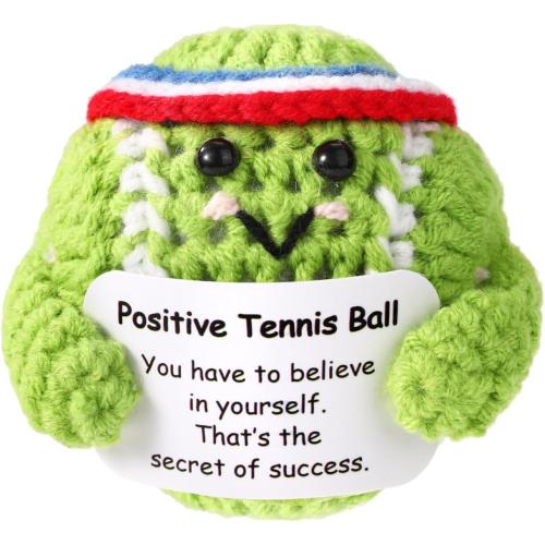 Positive Tennis Ball, Emotional Support Tennis Ball with Positive Card Cute Positive Knitted Doll Funny Inspirational Crochet Toy for Sports Lover Friends Gifts