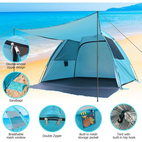 DLUCKY Beach Tent for 1/2/3/4/5/6 Person,Anti-UV Portable Sun Shade ShelterUPF 50 ,Both Sides Extendable Floor,Extendable Awning,with 2 Ventilating Mesh Windows,Lightweight & Easy Setup.