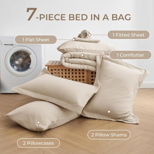 7pc Beige Queen Sasttie Comforter Set, Beige 7 Pieces Bed in a Bag Queen, Complete Bedding Set Includes Comforter, Flat Sheet, Fitted Sheet, Pillowcases and Pillow Shams, Beige