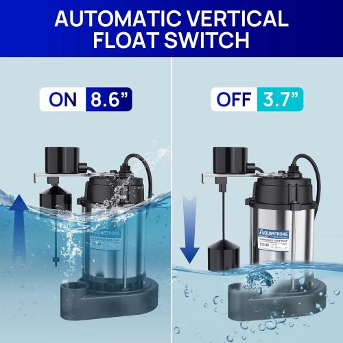 AQUASTRONG 1/2 HP Sump Pump Submersible, 3830 GPH Stainless Steel and Cast Iron Basement Water Pump, Automatic Integrated Vertical Float Switch with Piggy-back Plug,1-1/2 NPT Discharge Subpumps