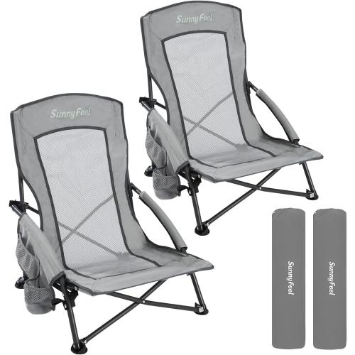 SUNNYFEEL Folding Low Camping Beach Chair 2 Pack, Lightweight Portable Lawn Chair with Mesh Back, Cup Holder for Outdoor/Travel/Picnic/Concert, Foldable Camp Backpack Chair with Carry Bag