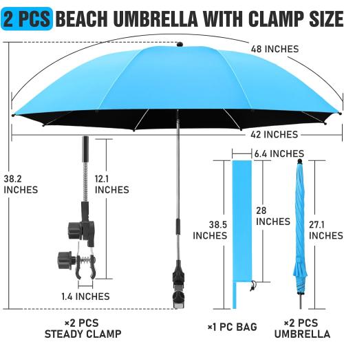 1 PACK Beach Umbrella with Clamp, 360 ° Adjustable Umbrellas for Chair, UPF50  Umbrella for Beach Chair, Patio Chair, Wheelchair, Camping Chair, Golf Carts (Chair Not Included