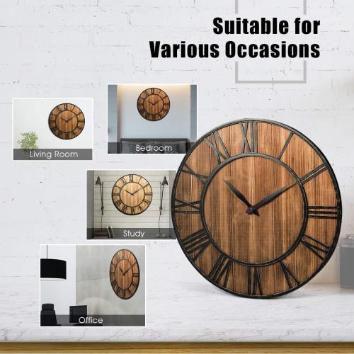 Tangkula 25.6  Inch Round Wall Clock, Farmhouse Large Wall Clock with Roman Numerals, Come with AA Battery, Wooden Rustic Clock Hanging for Home Office (Bronze Brown)