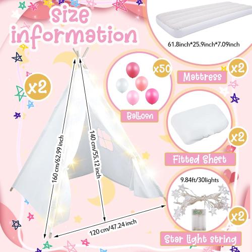2 Pack Kids Teepee Tent with Mattress,Fitted Sheet,Light String,Washable Natural Cotton Toddler Play Tent for Girls Boys Indoor Outdoor Sleepover Slumber Birthday Party(White)