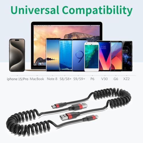 Coiled USB C Cable for Car, 2 Pack Type C Coiled Cable Fast Charging, USB to USBC Coiled Cable, USB C Car Charger Cord for iPhone 17 16 15, Samsung Galaxy S25 S24 S23 Ultra, Pixel 10 9