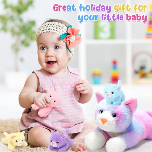 Skylety 5 Pieces Cat Stuffed Animal with Babies Inside Belly Pregnant Cat Plush Mommy Kitty with 4 Cute Fluffy Stuffed Kittens Easter Birthday Surprise Gifts(Colorful)