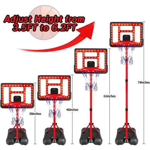Kids Basketball Hoop Adjustable Height 3.5FT-6.2FT, Indoor Outdoor Toddler Basketball Hoop with LED Scoreboard, Boys Basketball Toy for 3 4 5 6 7 8 Years Gift, Portable Basketball Goals Sport Game