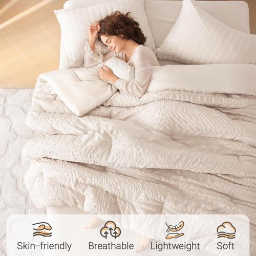 Beige Queen Size MUXHOMO 7 Pieces Queen Comforter Set, Seersucker Bed in a Bag Queen Size, All Season Luxury Bedding Set with Comforter, Flat Sheet, Fitted Sheet, Pillowcases & Shams, Beige