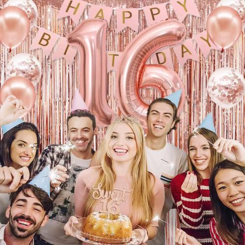 Sweet 16 Party Decorations for Girls, Happy 16th Birthday Banner Cake Topper Balloons Sash and Tiara, Rose Gold 16 Birthday Party Supplies for Girls