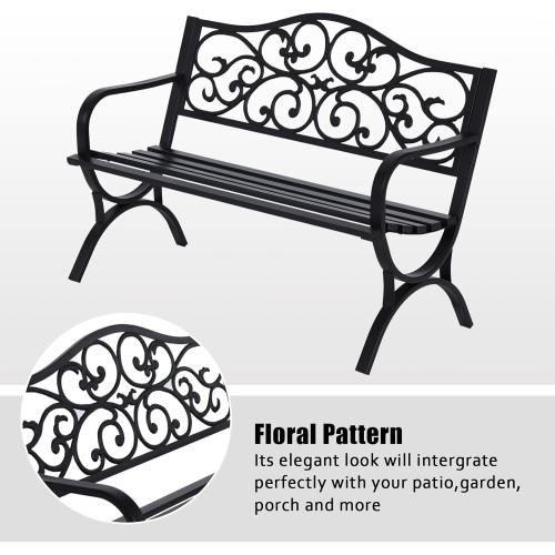 MFSTUDIO 50 Inches Outdoor Garden Bench, Cast Iron Metal Frame Patio Park Bench with Floral Pattern Backrest, Arch Legs for Porch Lawn Garden Yard(Black)