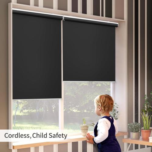GENIMO 100% Blackout Roller Window Shades, Window Blinds Cordless with Thermal Insulated, UV Protection Fabric, Mini French Door Blinds for Home, Office, Bedroom, Easy to Install, Black, 42 W X 72 H