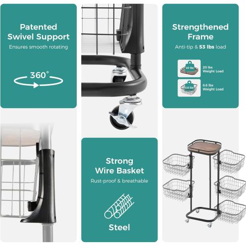 5 Tier Kitchen Vegetable Storage Cart Fruit Basket with One-Piece Rotating Bowls, Rolling Cart on Wheels with Wire Mesh Basket, Large Metal Pantry Organizer Stand Holder for Onion Potato, Black