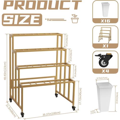 Flower Display Stand with 16 Buckets, 4 Layers Flower Bar, Gold Metal Plant Stand with Wheels, Heavy Duty Flower Cart for Indoor Outdoor Patio Garden Wedding Florist, Gold Metal Frame