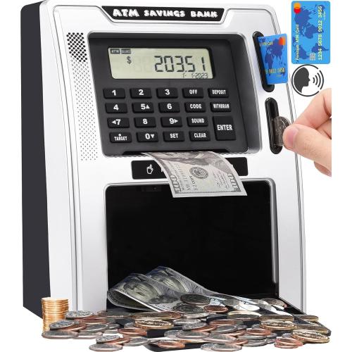 Fishboy Talking ATM Piggy Bank for Kids with Dual Debit Cards, Power-Off Memory, Auto-Opening Drawer for Real Money for Boys, Onekey Shutdown, Bill Feeder, Coin Recognition, Balance Calculator Machine