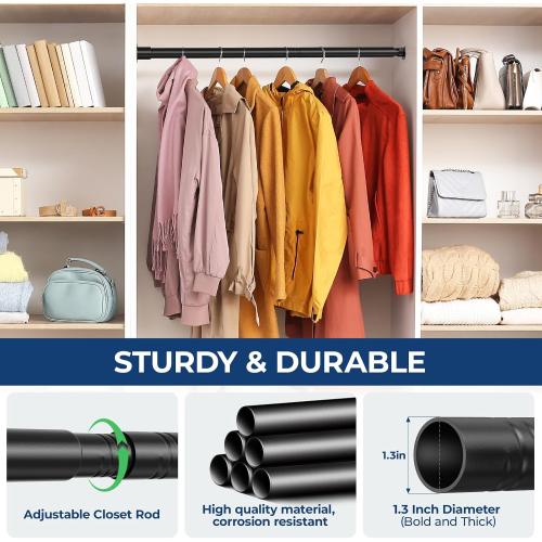 Mavivegue Closet Rod, 17 to 84 Inch Adjustable Closet Rods for Hanging Clothes, Heavy Duty Tension Rod, Black Curtain Rod, for Closet, Wardrobes, Bathroom, Laundry
