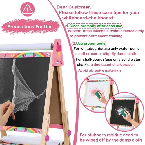 Art Easel for Kids, Kids Art Easel with 3 Paper Roll, Magnetic Whiteboard and Chalkboard,Adjustable Standing Wooden Toddler Easel for Painting Double Sided,3in1 Painting Easel for 2-4 4-8 Pink