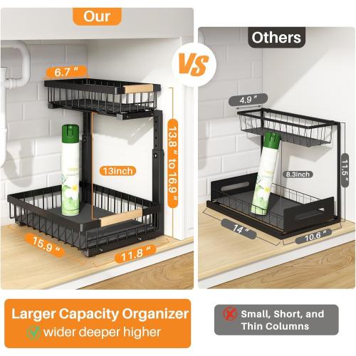 PXRACK Under Sink Organizer, Adjustable Height, 2 Tier Pull Out Under Cabinet Organizer, Slide Out Thickened Metal Under Sink Storage for Kitchen Bathroom Laundry Pantry Cabinet, Black, Large-2-Pack