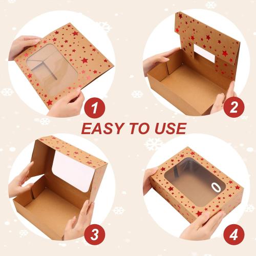 24 Pack Brown Cookie Boxes, 9x6x3Inch Red Star Baking Boxes for Gift Giving,Kraft Boxes with Window,Holiday Treat Boxes for Pastry,Cookie Tin Containers Box for Baked Goods Packaging