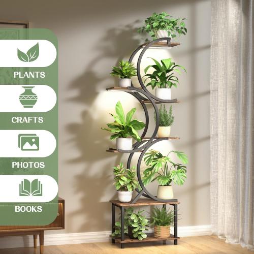 Rustic Brown and Black Plant Stand Indoor with Grow Lights, 65 inch Tall Plant Shelf for Multiple Plants, 7 Tiered Metal Plant Stands Indoor, for Living Room, Corners Patio Balcony or Office (Rustic Brown)