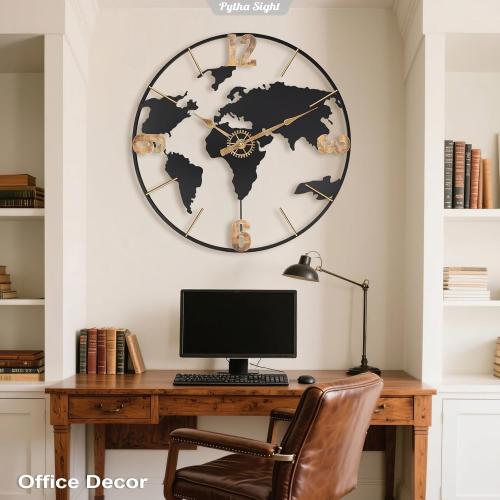 30 Inch Large Modern Decorative Metal World Map Wall Clocks Giant Extra Vintage Gold Arabic Numeral Oversized Wall Clock for Living Room,Office,Dining Room,Entryway,Fireplace