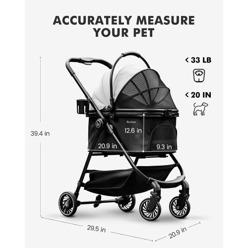 Pet Stroller for Small Dogs and Cats, One-Click Foldable Dog Stroller with Detachable Carrier & 3 Safety Tethers, Holds up to 33 lbs, Storage Basket & Cup Holder, Breathable Mesh, Black