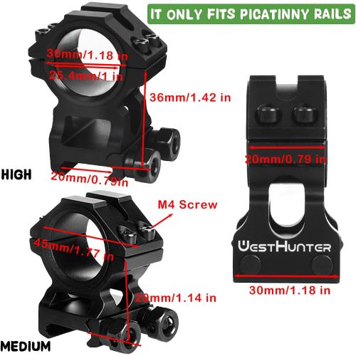 WestHunter Industrial Grade Precision Rifle Scope Rings, 1 Inch 30 mm Tactical 6061 T6 Picatinny Scope Mount | 36 mm / 29 mm Center Height
