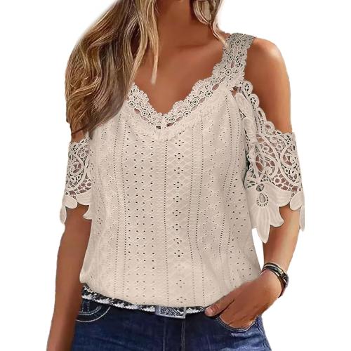 Flamingals Women's Cold Shoulder Eyelet Short Sleeve Hollow Out Lace Floral Sleeveless Blouse Top Large