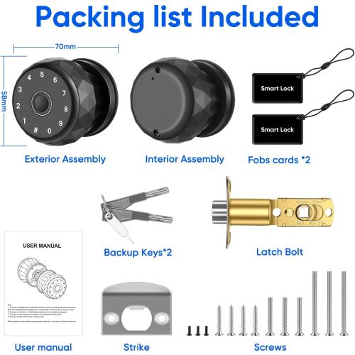 Smart Door Knob Fingerprint Door Lock with Keypad, Keyless Entry Deadbolt for Front Door, Smart Auto Lock Deadbolt with Phone/Watch App Control, Biometric Fingerprint Gate Knob with 6 Ways to Unlock